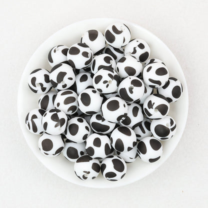 15mm Black and White Patterned Silicone Round Beads 50pcs - Spotted Cow