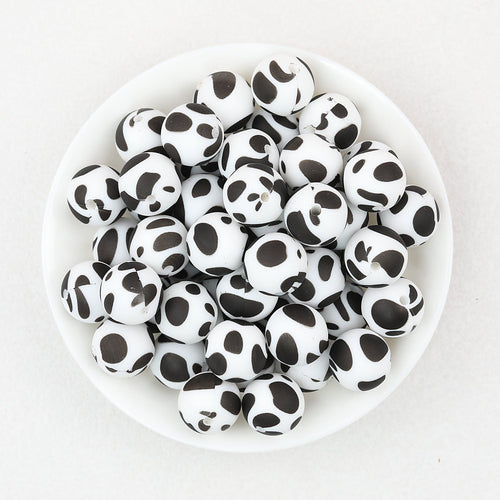 15mm Black and White Patterned Silicone Round Beads 50pcs - Spotted Cow