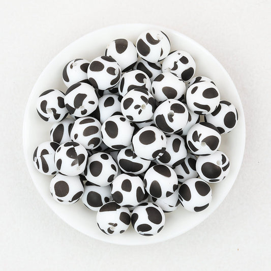 15mm Black and White Patterned Silicone Round Beads 50pcs - Spotted Cow