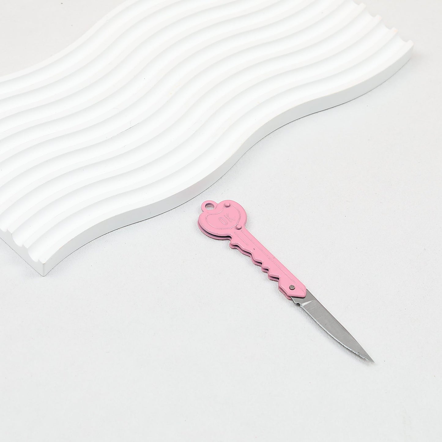 Mini Folding Self Defense Keychain Stainless Steel Key Shape 2pcs - pink