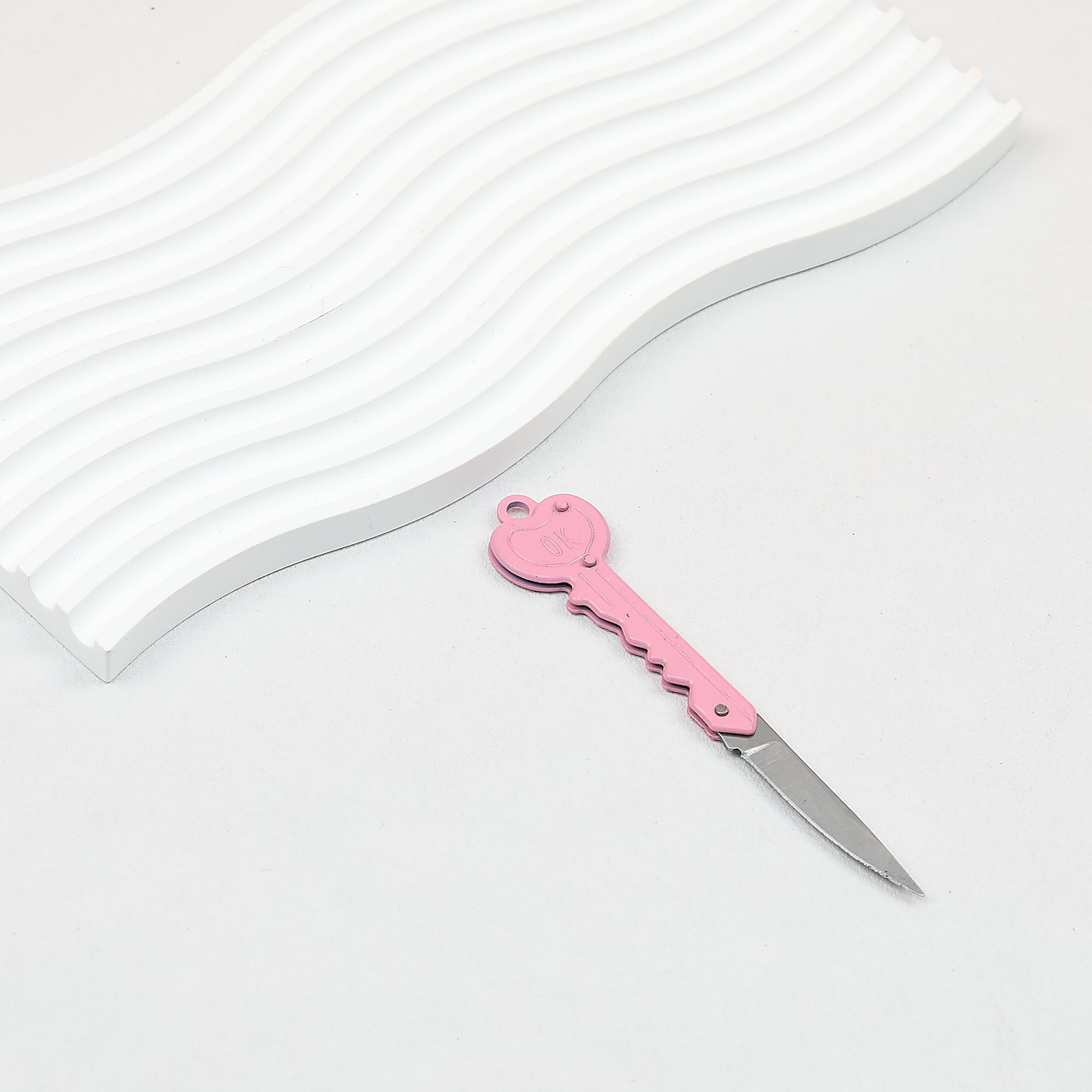 Mini Folding Self Defense Keychain Stainless Steel Key Shape 2pcs - pink