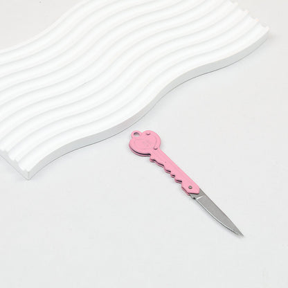 Mini Folding Self Defense Keychain Stainless Steel Key Shape 2pcs - pink