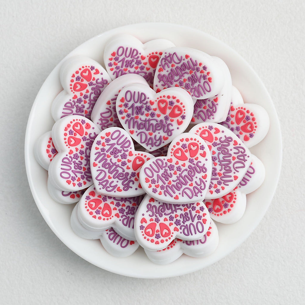 Mother's Day Heart Footprint Silicone Focal Beads 20 pcs