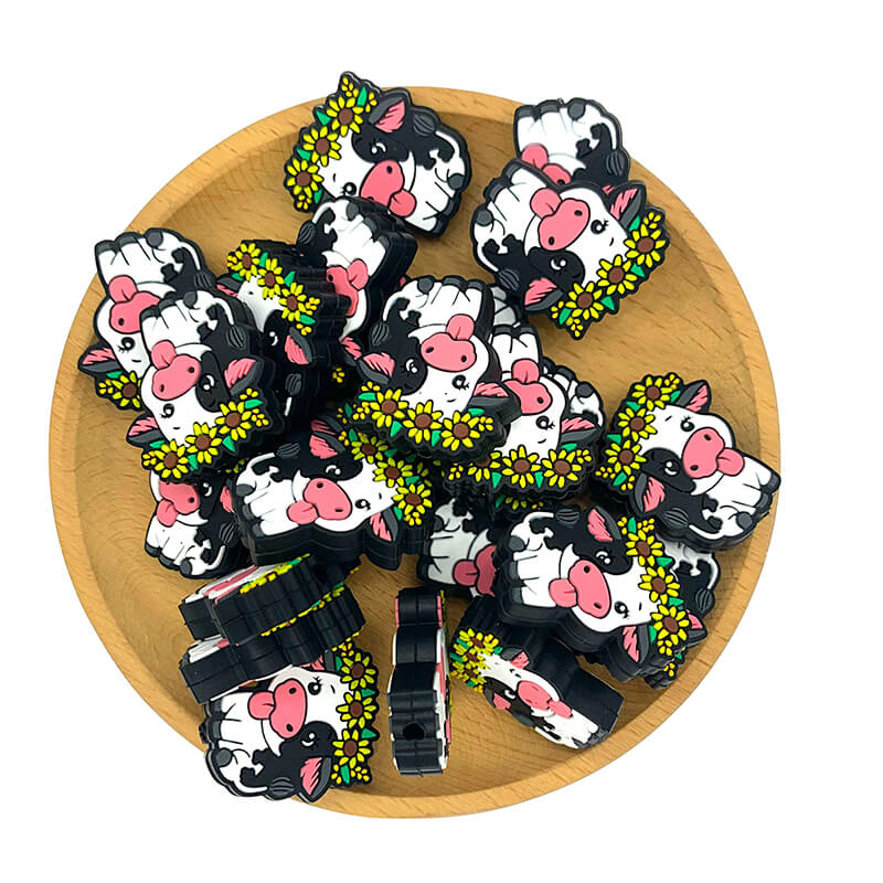 Silicone Focal Beads Cattle Cow Wearing Sunflower Garland Pink Snout 2