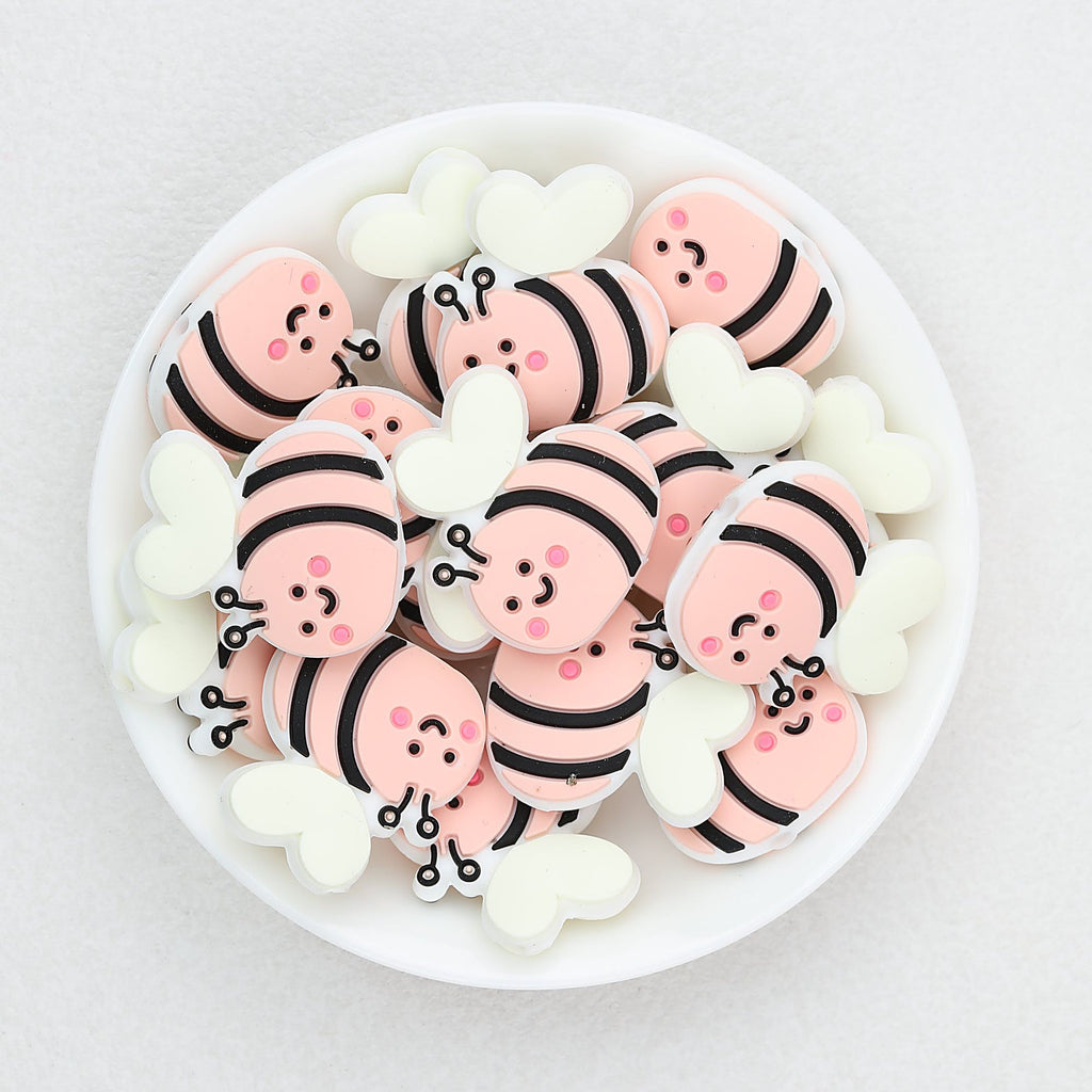 Cute Yellow and Pink Bee Silicone Focal Beads 20 pcs - Pink