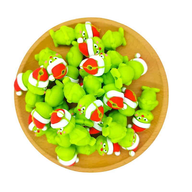 Silicone 3D Focal Beads Christmas Shy Green Monster Santa Hat Rosy Cheeks 2