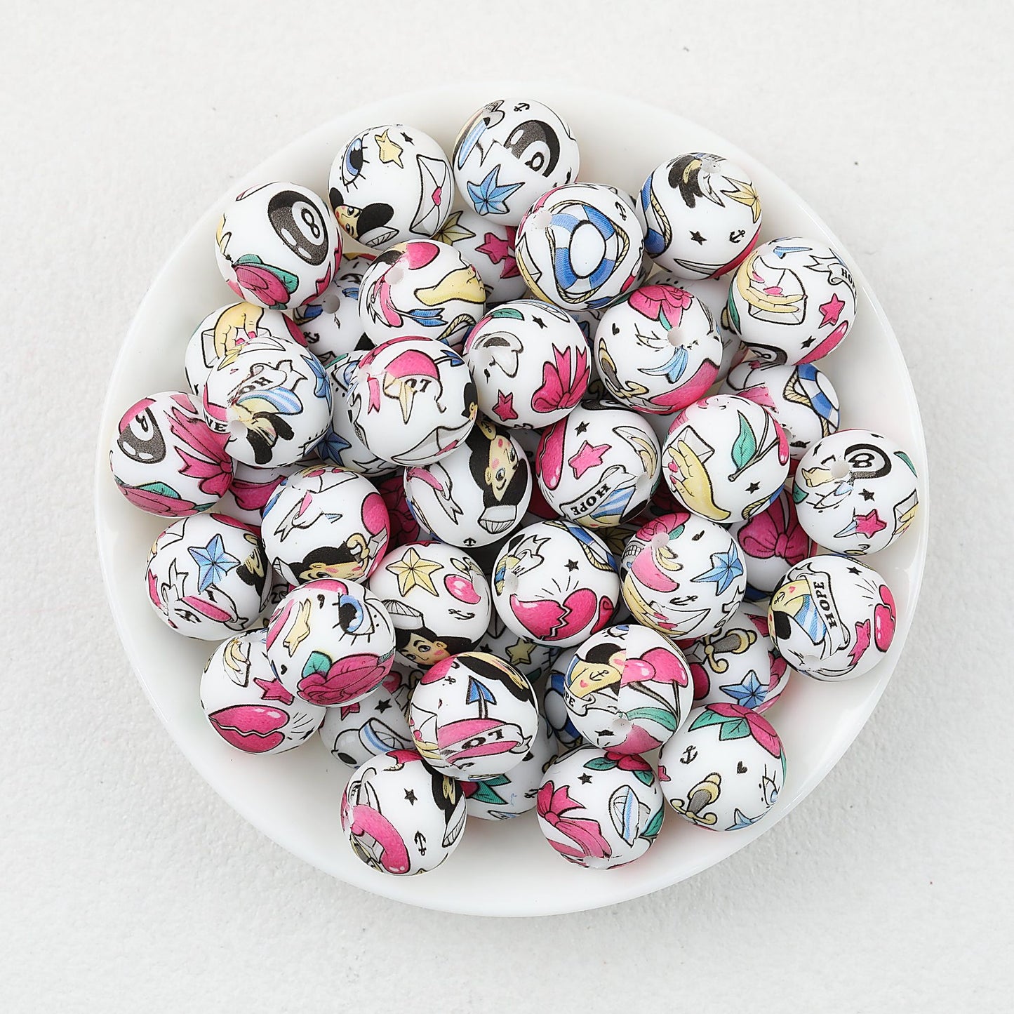 15mm Printed Cartoon Pattern Silicone Round Beads 50pcs - Sailor Girl