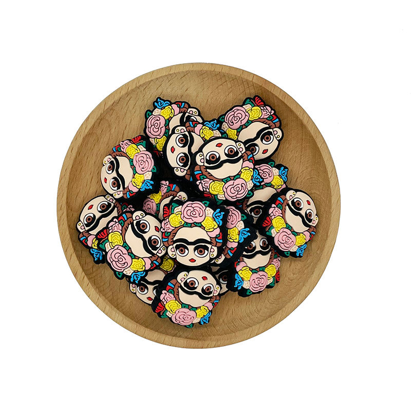 Silicone Focal Beads Frida Kahlo Floral Crown Bold Outlines 20pcs 2