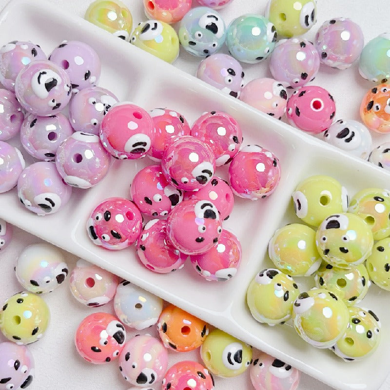 Hand Painted Bear Round Acrylic Beads 16mm Pastel Colors 10pcs