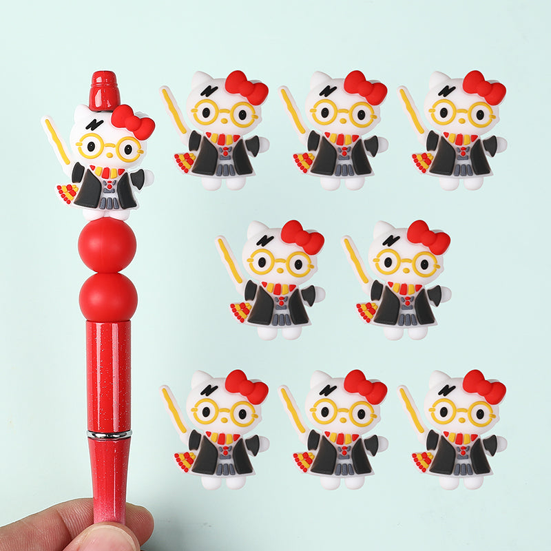 Silicone 3D Focal Beads Harry Potter KT Cat Wearing Red Bow 20pcs 4