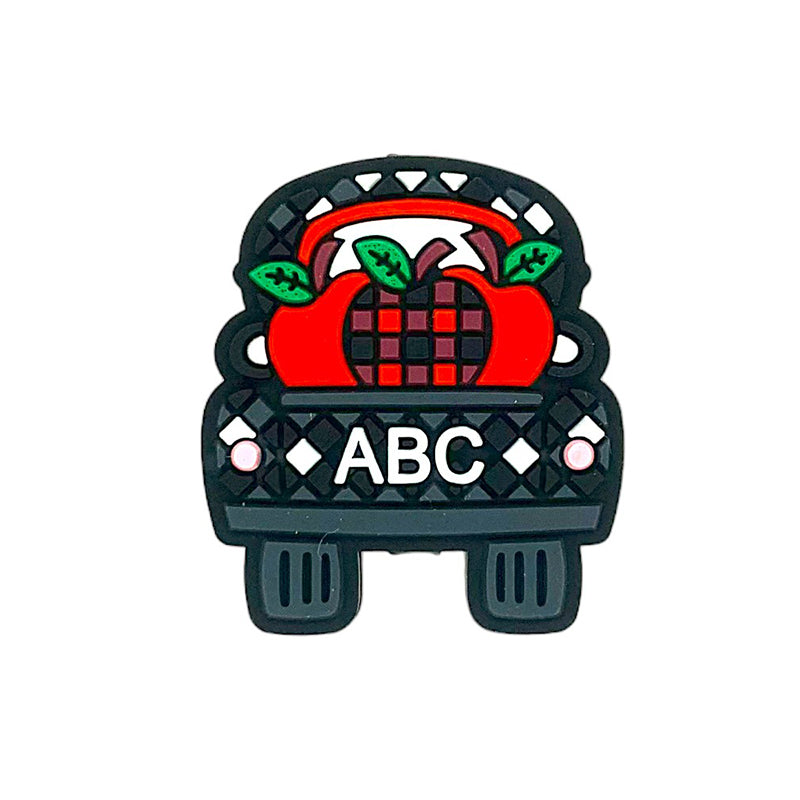 Silicone Focal Beads ABC Apple Car Circle Badge Front View 20pcs