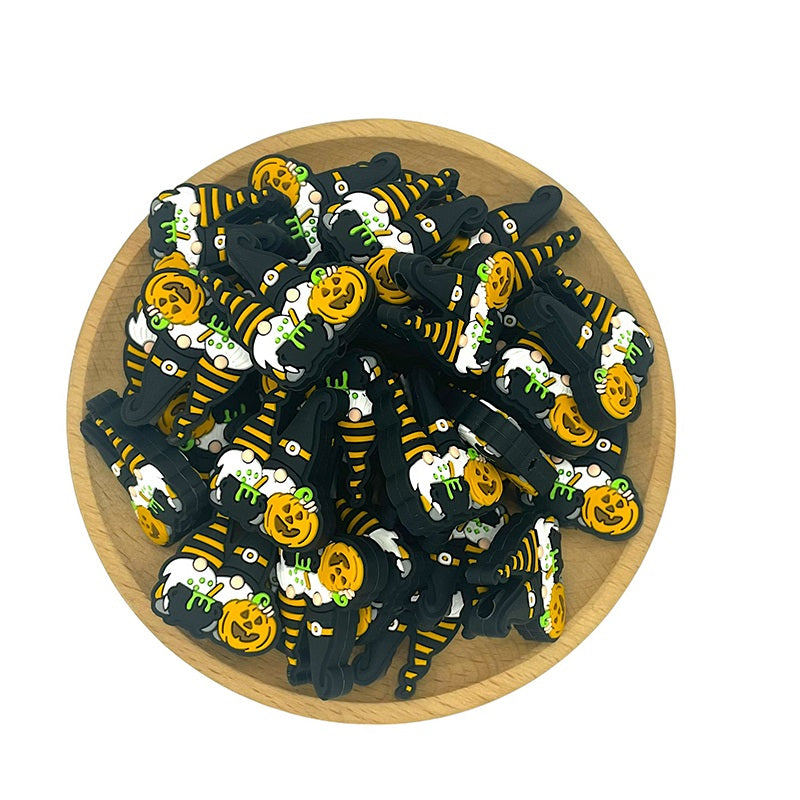 Silicone Focal Beads Halloween Gnomes Holding Pumpkin and Cauldron 20pcs 2