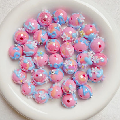 Hand Painted Rhinestone Flower Acrylic Round Beads 16mm 5pcs 7