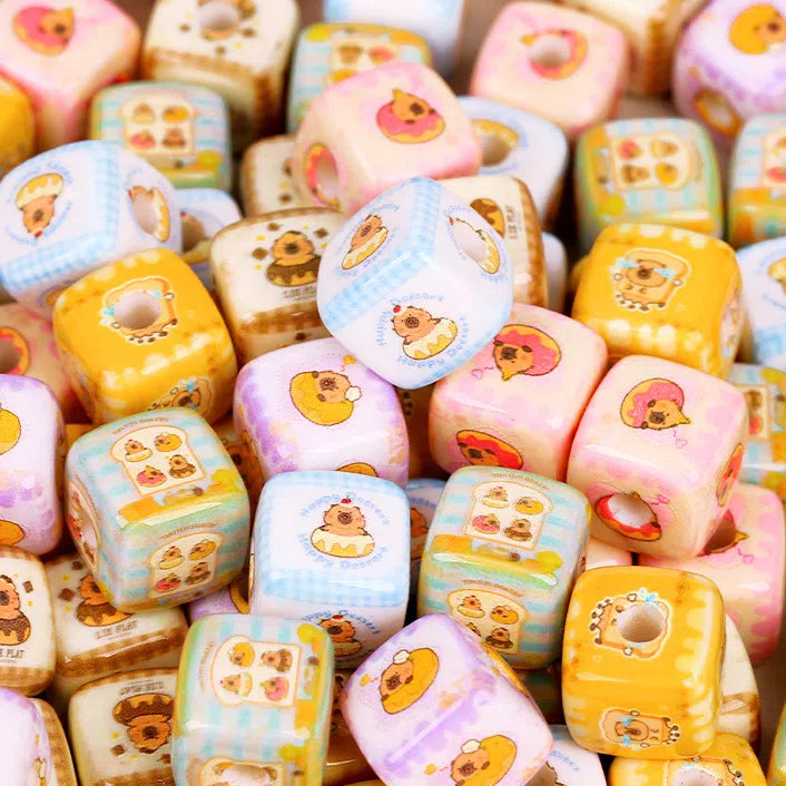 Adorable Capybara Printed Square Resin Beads 14mm 10pcs 3