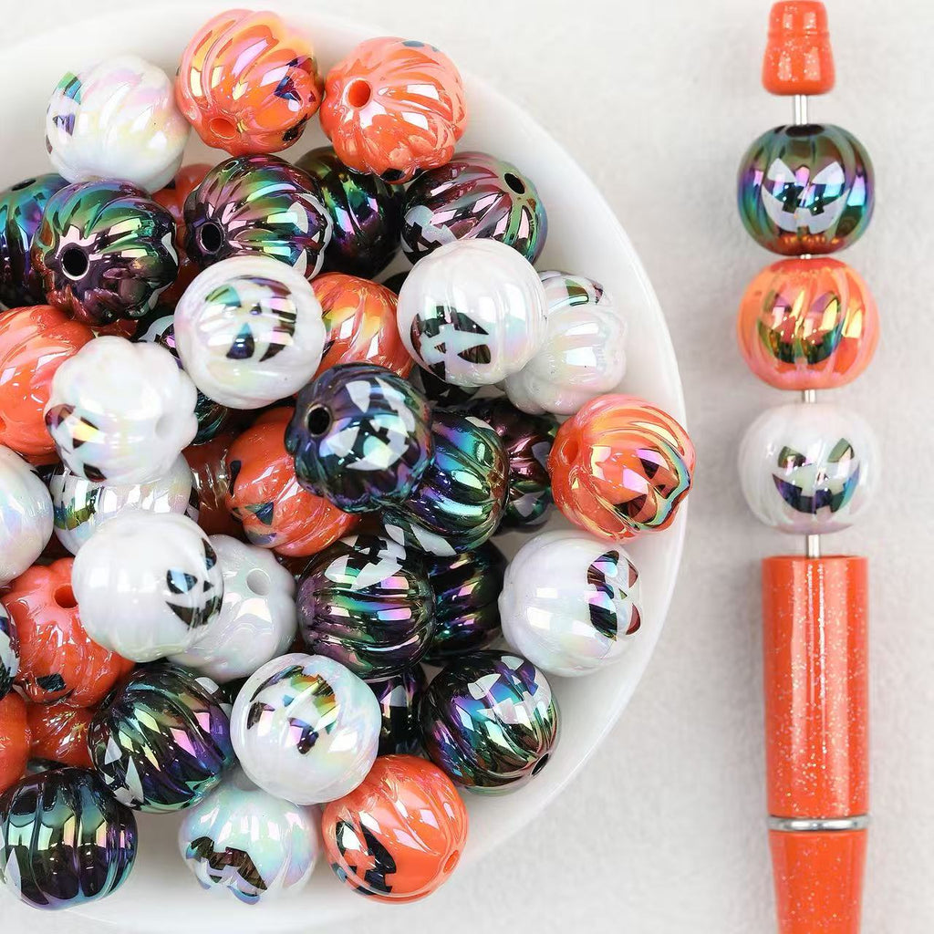 Iridescent Pumpkin Acrylic Beads Wholesale, Halloween Electroplated Striped Jack-O-Lantern, 15.7mm