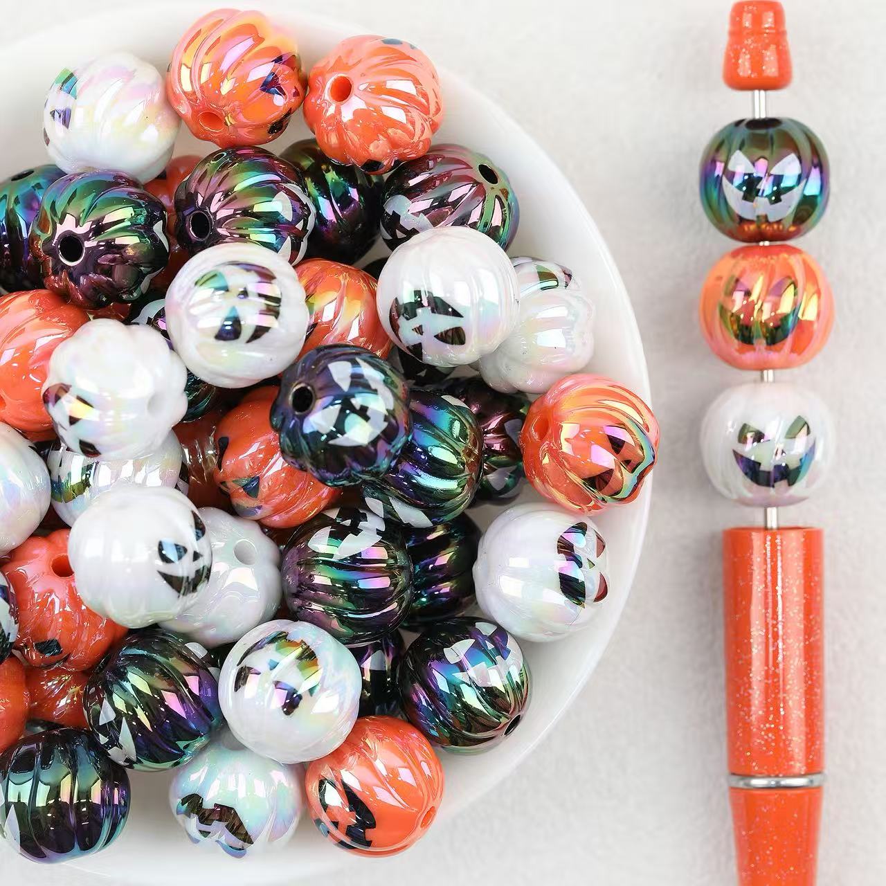 Iridescent Pumpkin Acrylic Beads Wholesale, Halloween Electroplated Striped Jack-O-Lantern, 15.7mm
