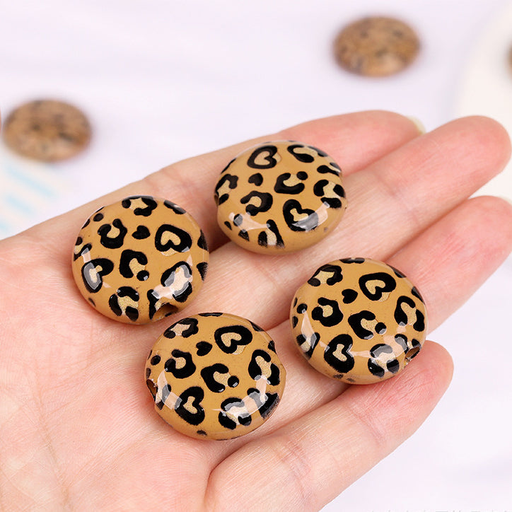 Vintage Flat Resin Beads 24mm Leopard Pattern Brown 10pcs 2