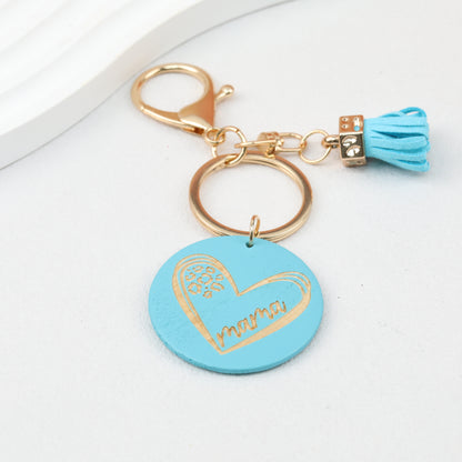 Wood Tassel Keychain Engraved Mama Heart Design Natural Pastel Colors