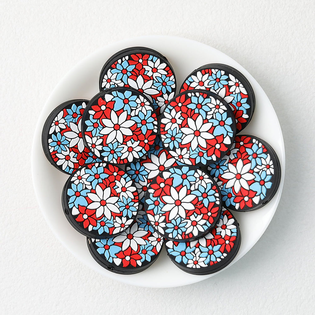 Independence Day Floral Round Silicone Focal Beads 20 pcs