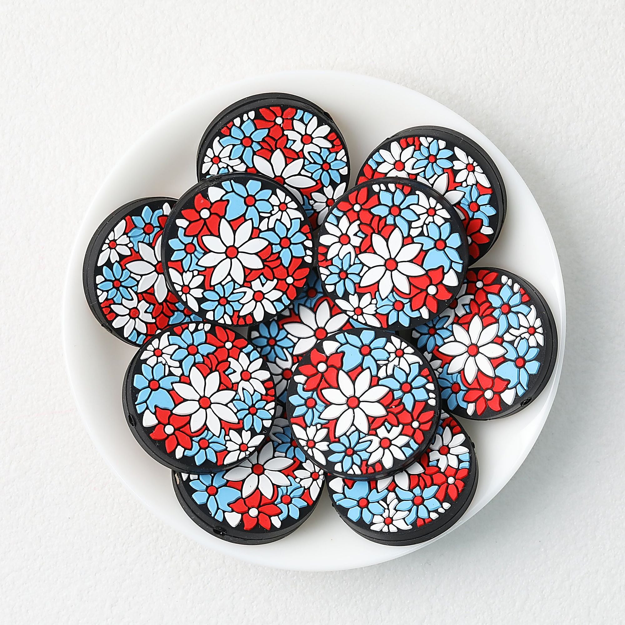 Independence Day Floral Round Silicone Focal Beads 20 pcs