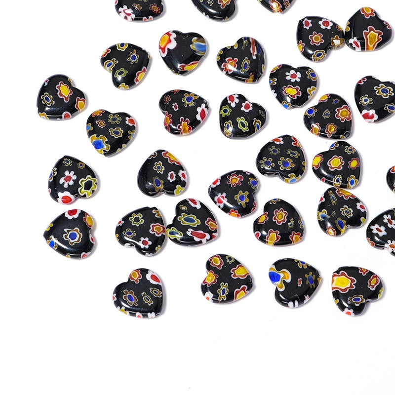 Millefiori Heart Glass Beads 11mm Black Floral Pattern 10pcs 2
