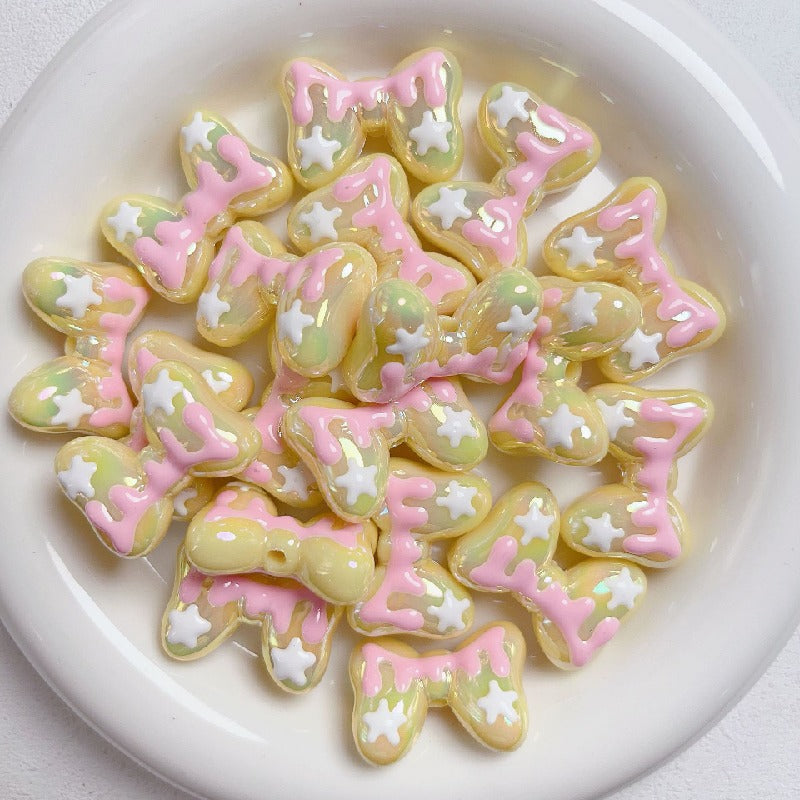 Hand-Painted Bow Heart Acrylic Beads 21×29mm Glossy Pastel 5pcs 12