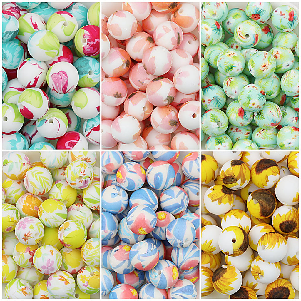 15mm Print Round Silicone Beads with Colorful Floral Patterns 50pcs