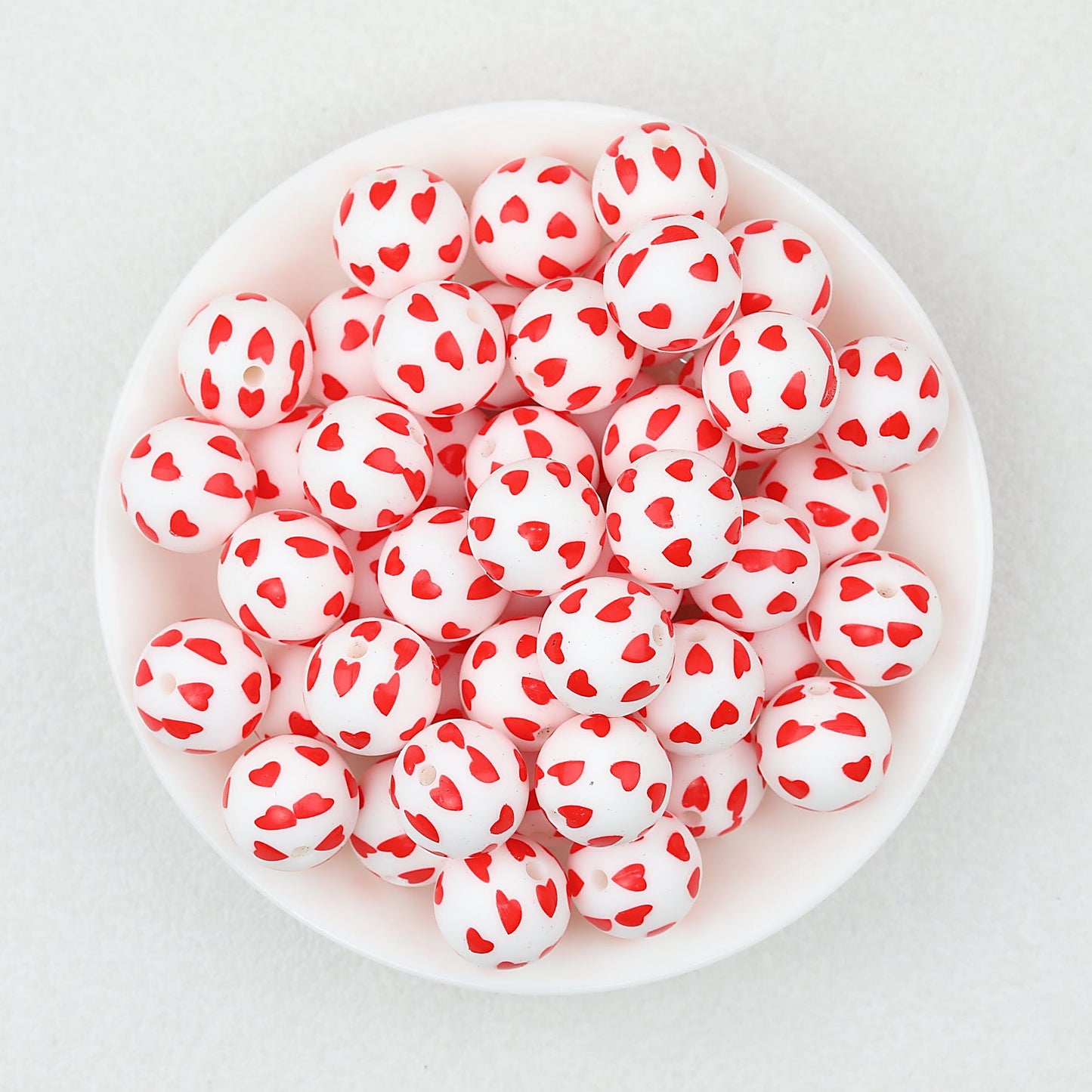Valentine Theme 15mm Silicone Beads Printed Pattern 50pcs - Red Hearts