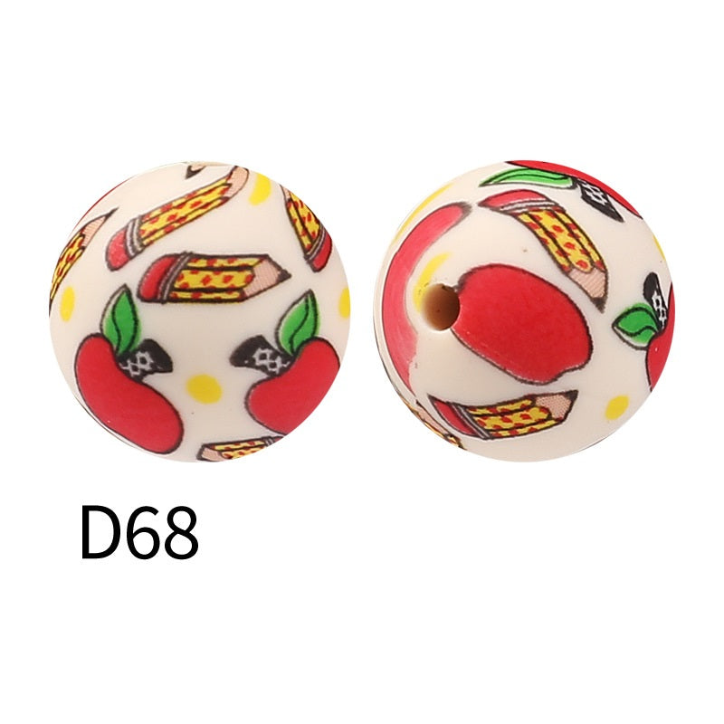 50Pcs 15mm Colored pattern printed silicone beads 70