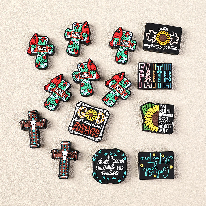 Silicone Focal Beads Jesus Faith Cross With Holly Cardinal 20pcs 6
