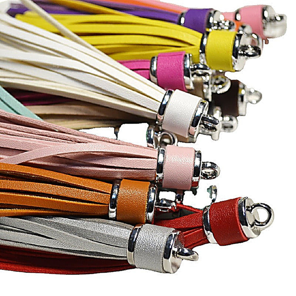 Silver PU Leather Tassel Keychain Metallic 9cm Length