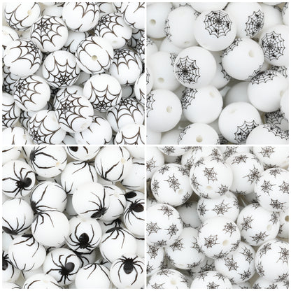 15mm Halloween Spider Web Printed Silicone Beads White Black 50pcs