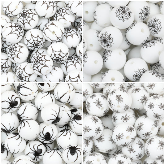 15mm Halloween Spider Web Printed Silicone Beads White Black 50pcs