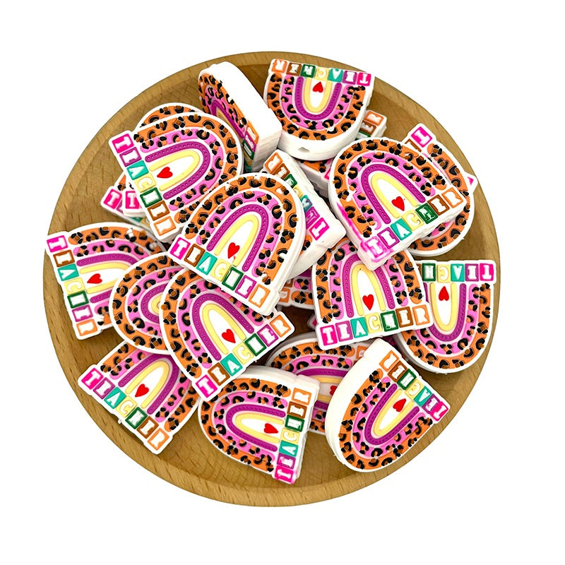 Silicone Focal Beads Rainbow Teacher Leopard Print Accents 20pcs 2
