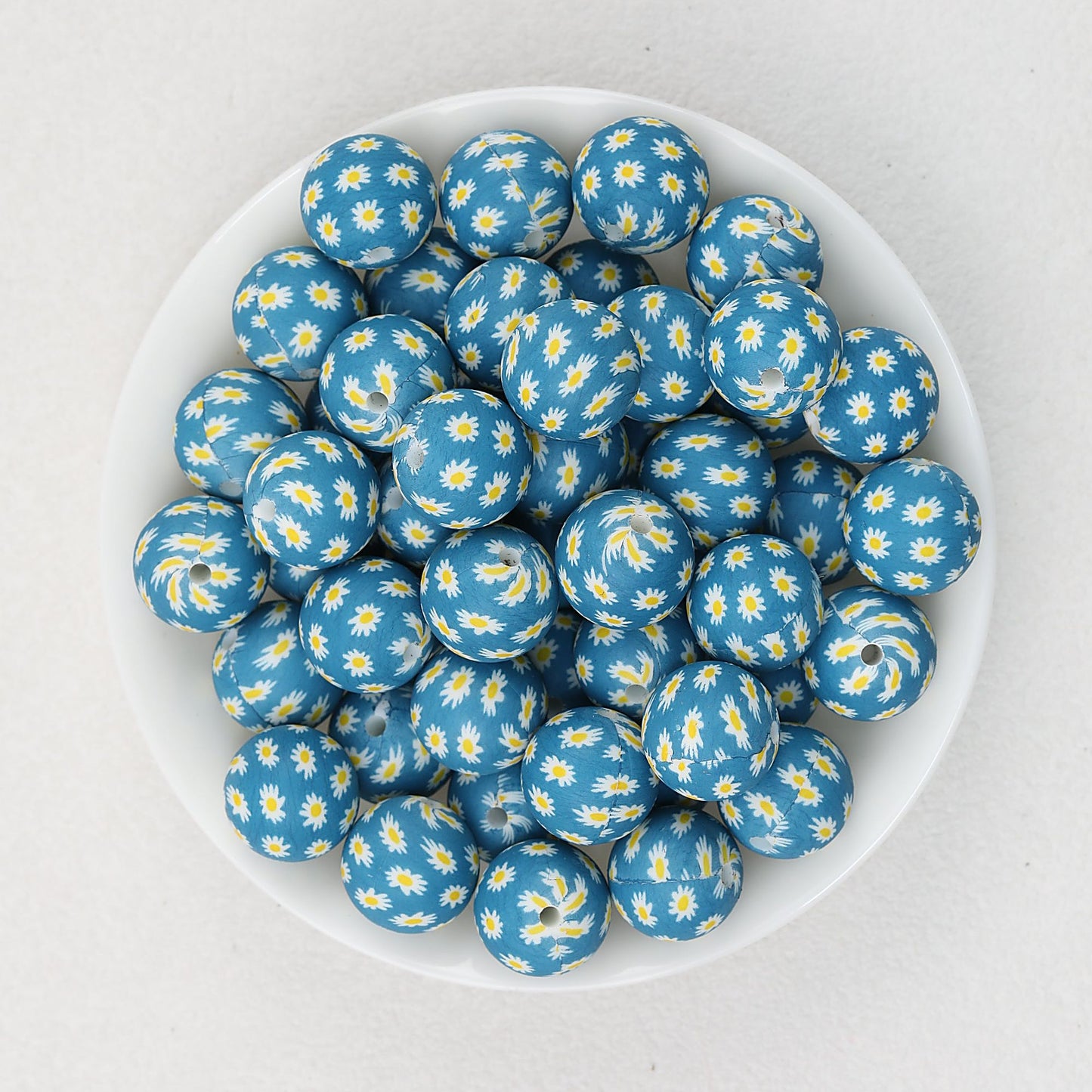 15mm Deep Color Pattern Printed Silicone Round Beads 50pcs - White Flower Blue