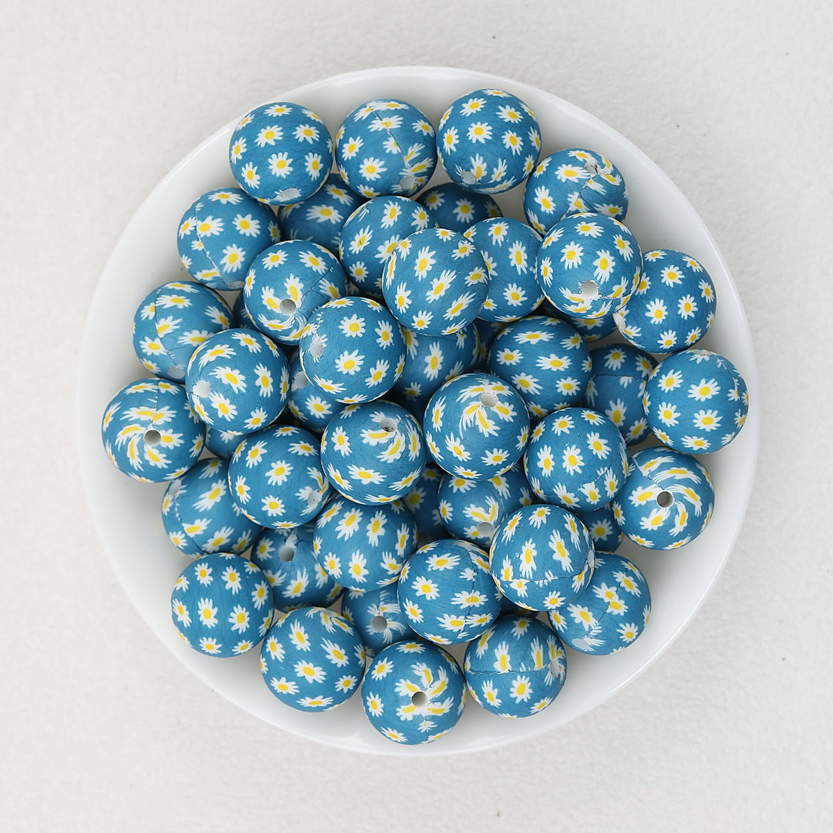 15mm Deep Color Pattern Printed Silicone Round Beads 50pcs - White Flower Blue