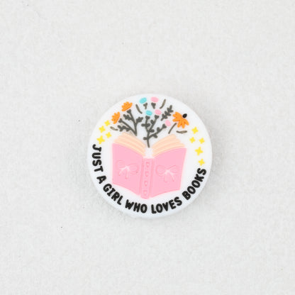 Silicone Focal Beads Just A Girl Who Loves Reading Pink Book Floral Text 20pcs
