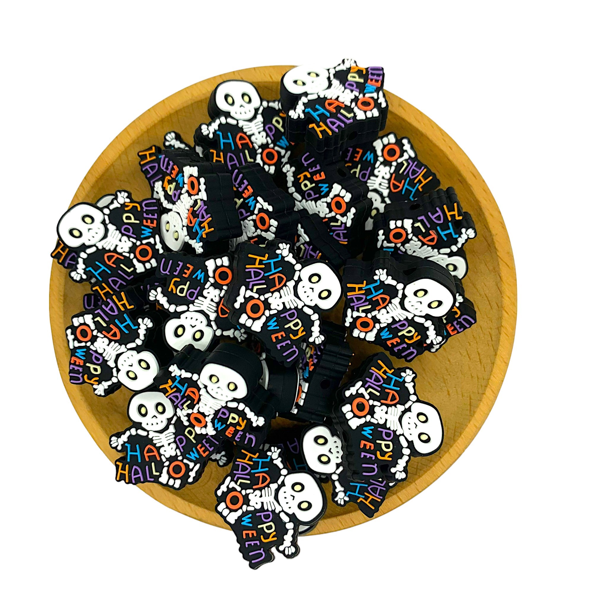 Silicone Focal Beads Halloween Skeleton Holding Happy Halloween Text 20pcs 2