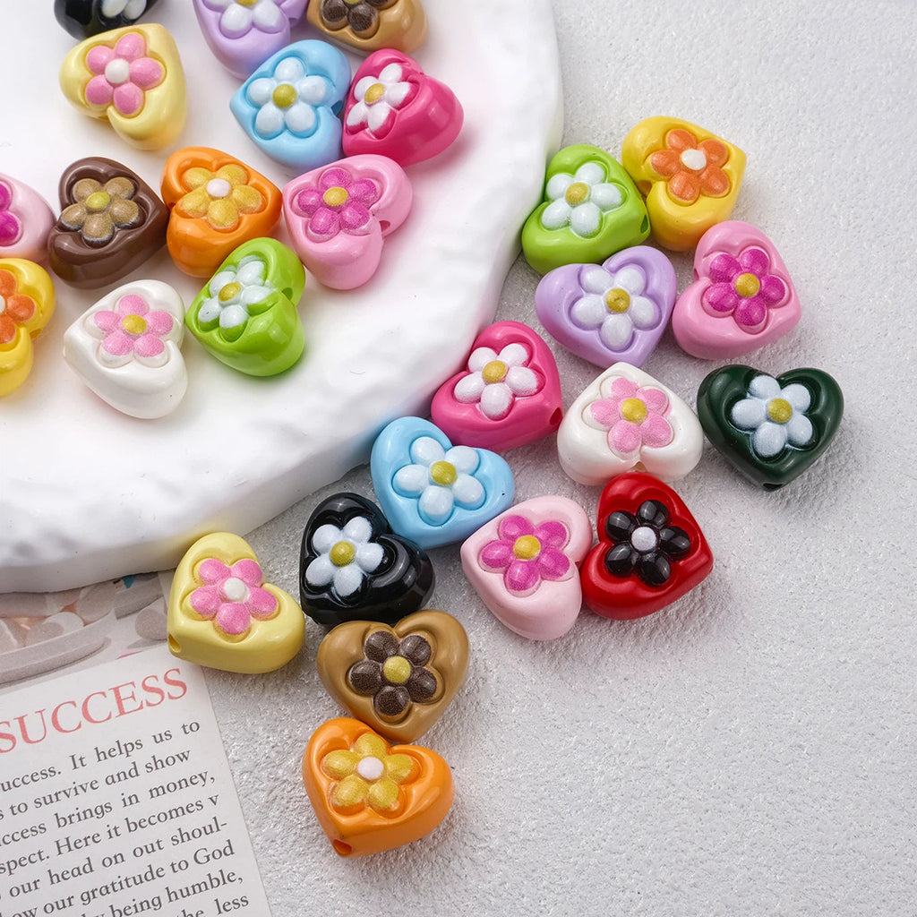 Floral Heart Acrylic Beads 21mm Colorful Mixed 50pcs