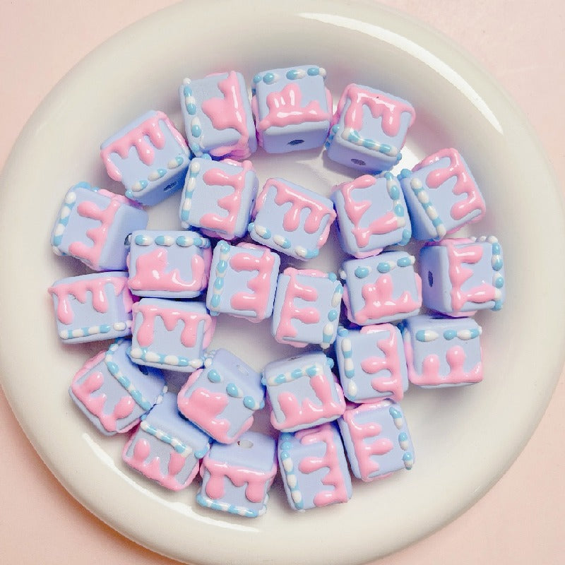Hand Painted Cube Acrylic Beads 16mm Cream Dripping Icing 5pcs 11