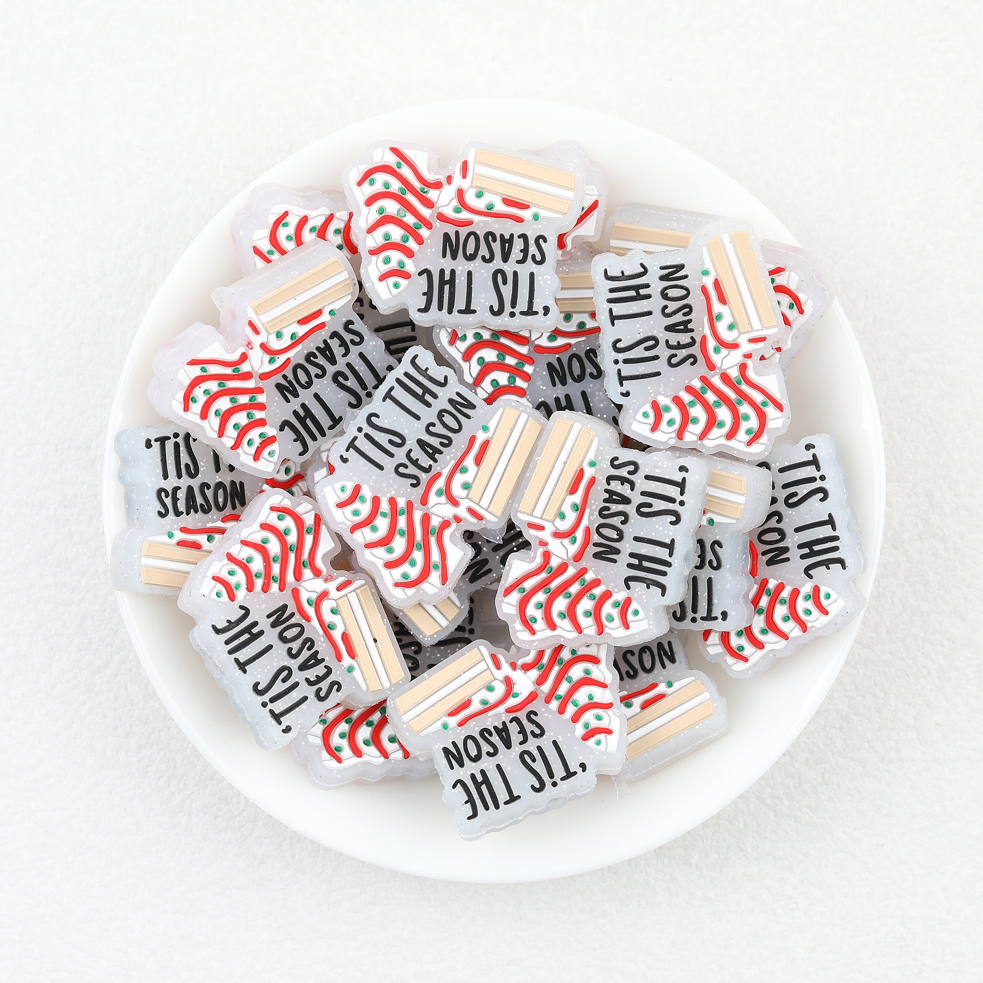 White Christmas Tree Silicone Focal Beads Wholesale, Red Green Holiday Pattern