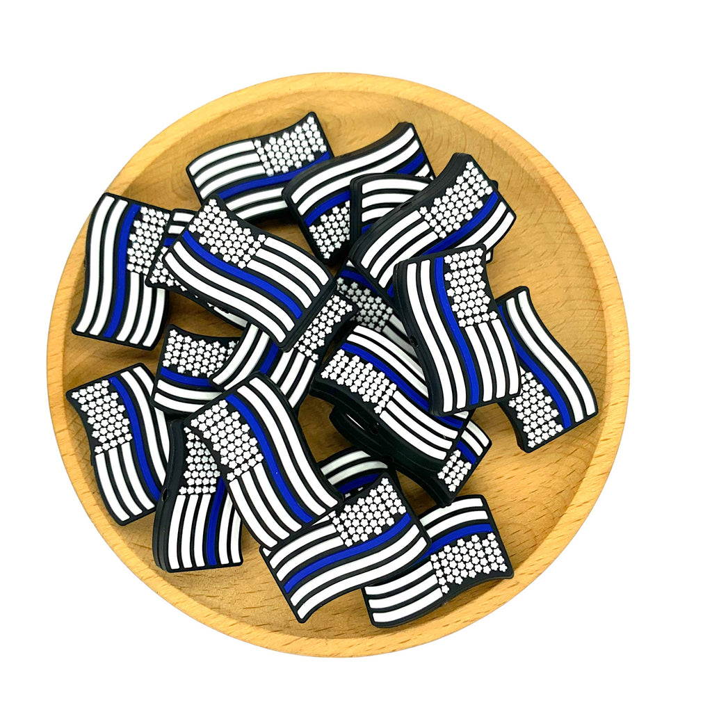 Silicone Focal Beads Thin Blue Line Flag Waving Shape 20pcs 2