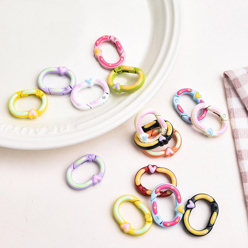 Zinc Alloy Heart Oval Painted Spring Keyrings 28mm 6pcs 2