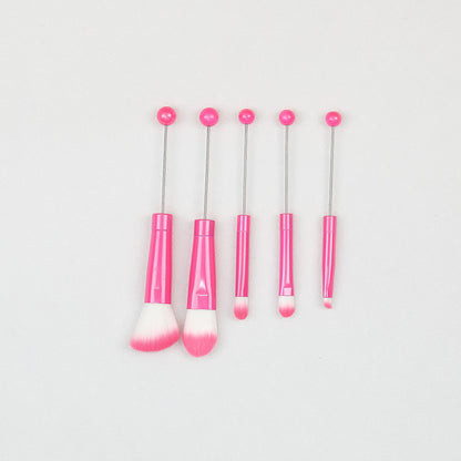 Beadable Makeup Brush Set Metal Handle Artificial Fiber Bristles 5pcs - Rose red