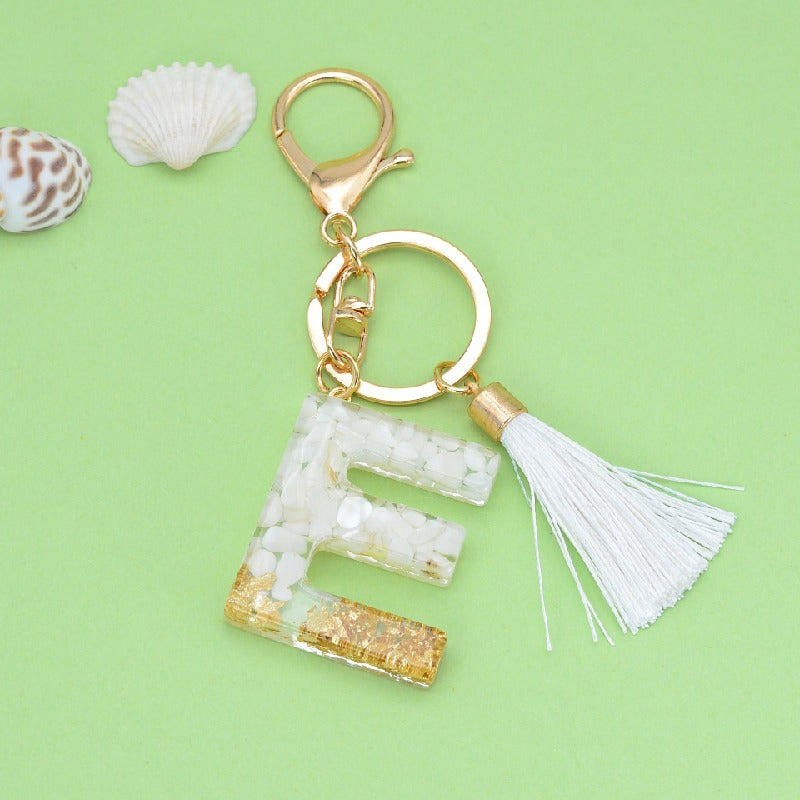 Tassel Letter A Keychain Resin Gold Flakes White Tassel 8