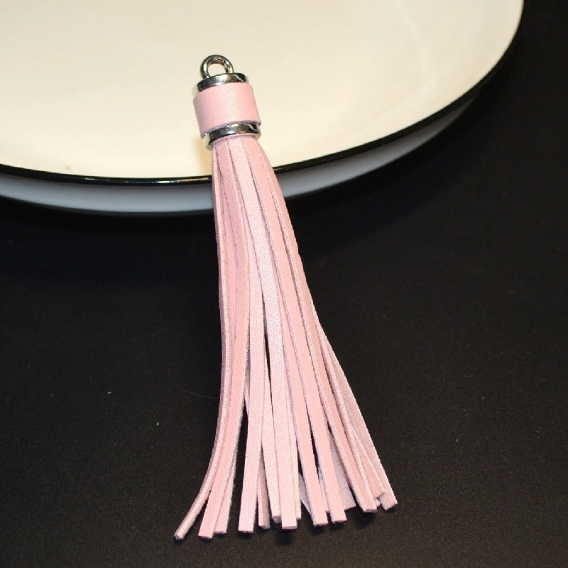 Silver PU Leather Tassel Keychain Metallic 9cm Length 13