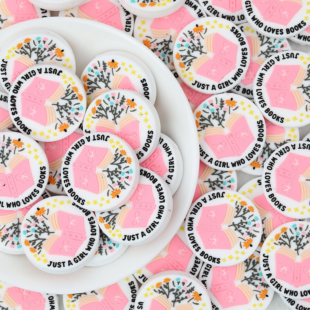 Silicone Focal Beads Just A Girl Who Loves Reading Pink Book Floral Text 20pcs