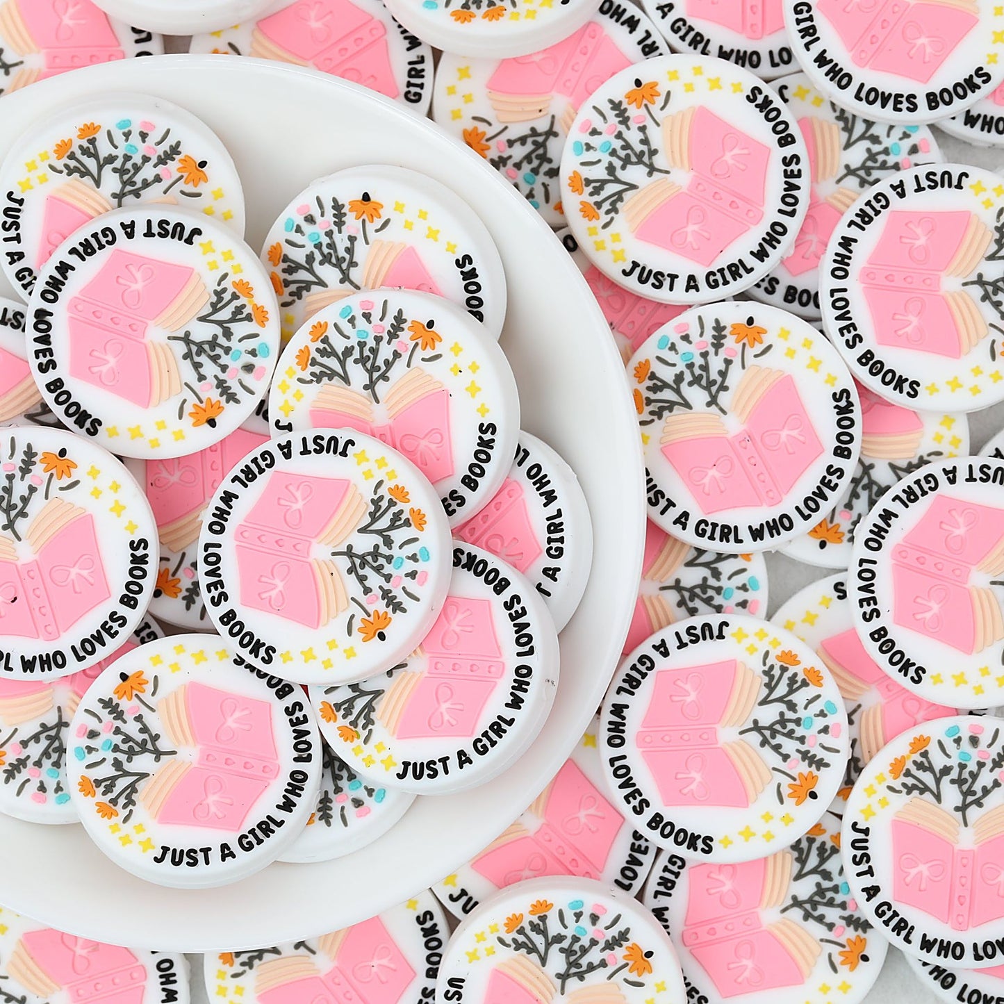 Silicone Focal Beads Just A Girl Who Loves Reading Pink Book Floral Text 20pcs