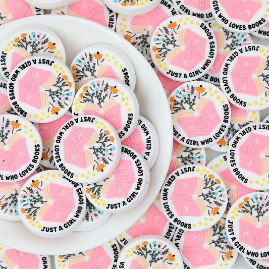 Silicone Focal Beads Just A Girl Who Loves Reading Pink Book Floral Text 20pcs