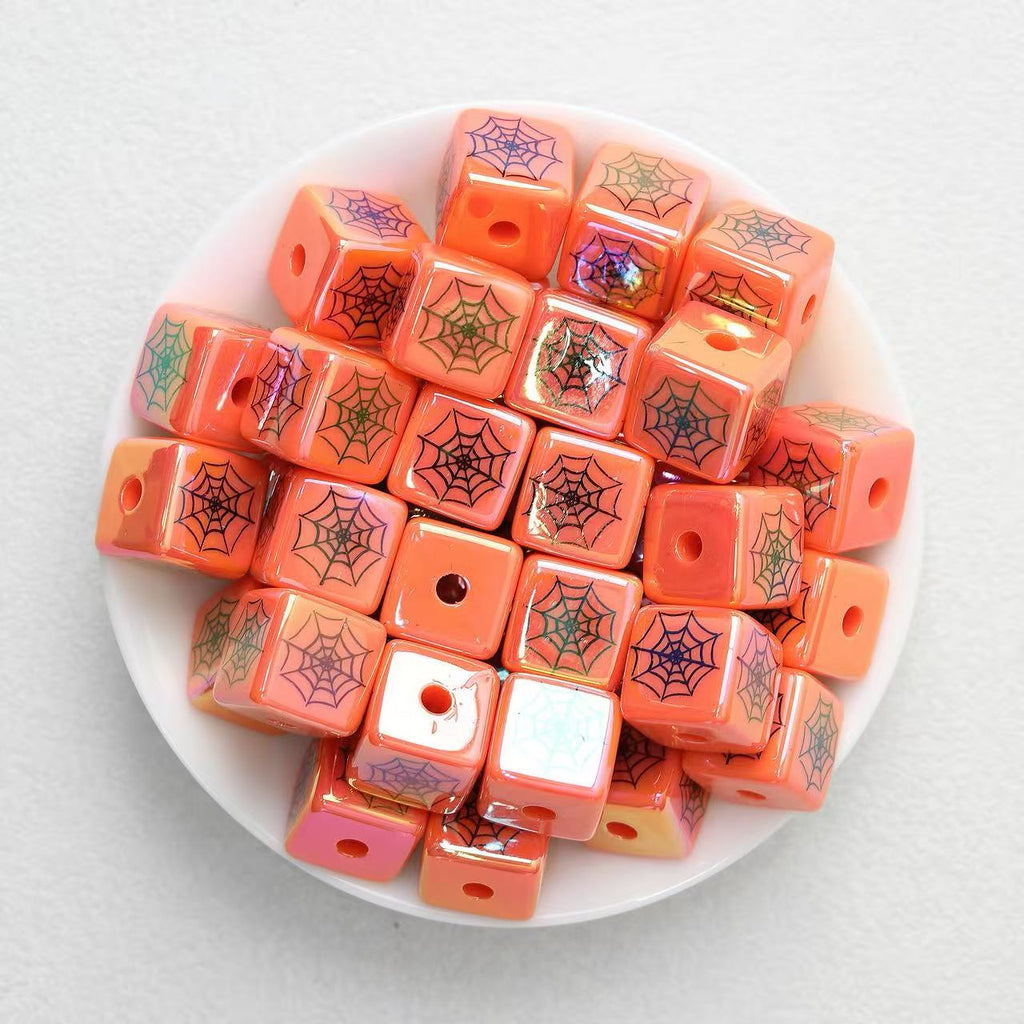 Square Orange Acrylic Beads Wholesale, Electroplated Halloween Spiderweb Design, 15mm